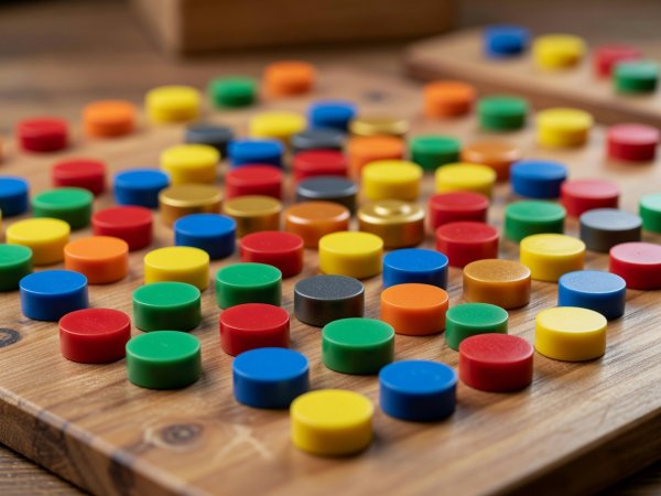 Close-up of colored wooden counters and game tokens