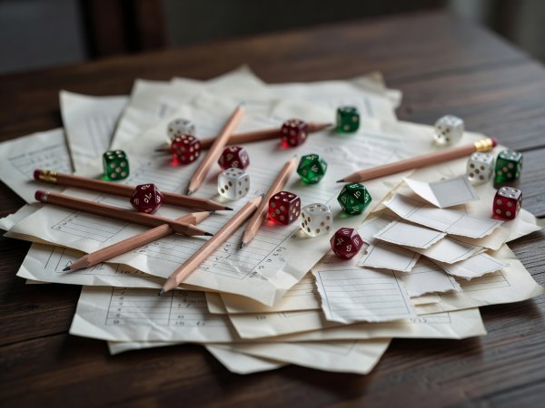 Organized trivia slips and scorekeeping materials